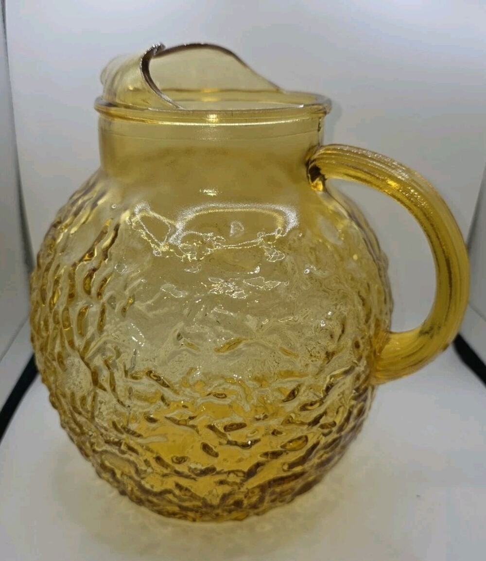 Vintage Anchor Hocking Crinkle Ball Pitcher Lido Milano Amber HoneyCrackle LEAKS